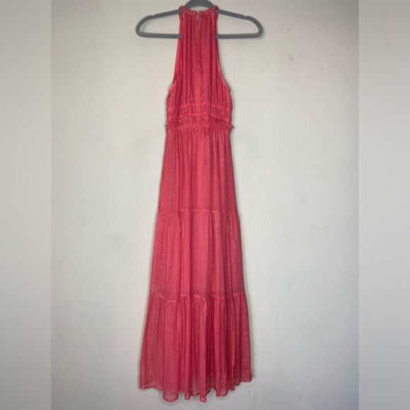 A.L.C. Elara Lurex Silk Maxi Coral Pink Dress Halter Tiered Size 2 - Picture 5 of 8
